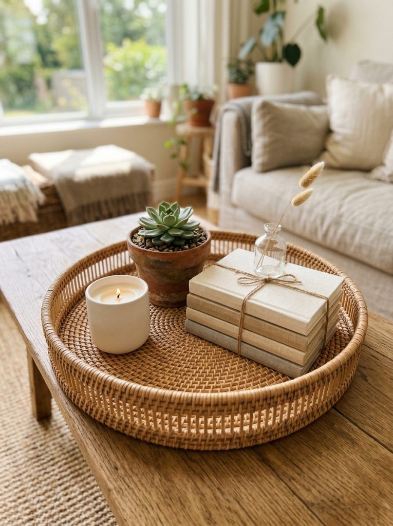 Beautifully styled coffee table woven rattan tray white candle succulent terracotta pot linen books bud vase dried flower curated intentional summer styled