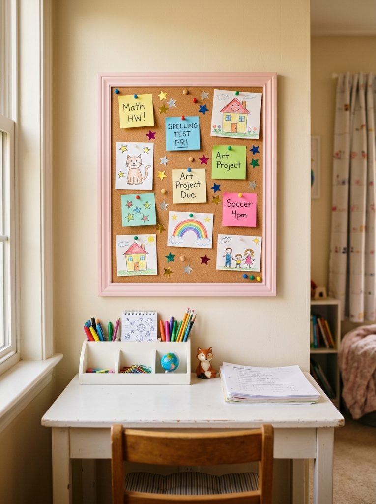 Pastel pink framed corkboard above a kids desk with colorful notes drawings and school reminders pinned neatly on it