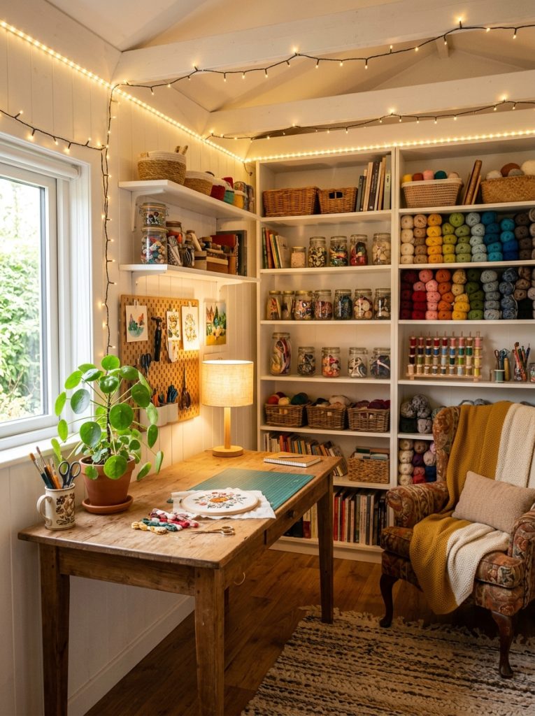 Beautiful cozy dream craft room with warm lighting white shelving organized supplies comfortable chair small plant and fairy lights creating an inviting personal creative space