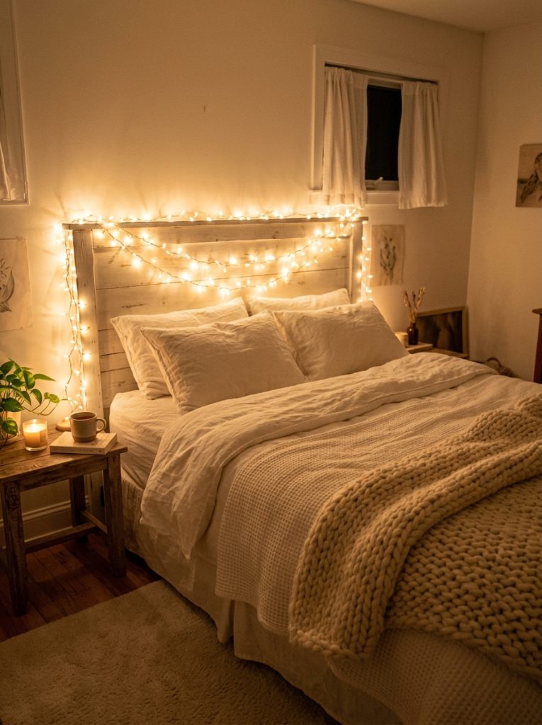 Cozy white bedroom with warm white fairy lights draped around headboard warm golden glow white linen bedding chunky knit throw room glowing softly magical and deeply restful