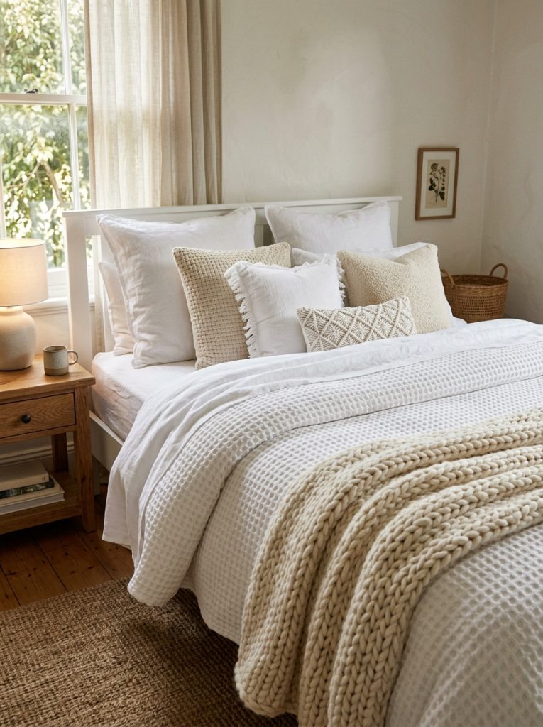 Cozy white bedroom bed with smooth linen sheets waffle weave duvet chunky knit throw at foot textured pillows in different white weaves layering creating warmth and depth