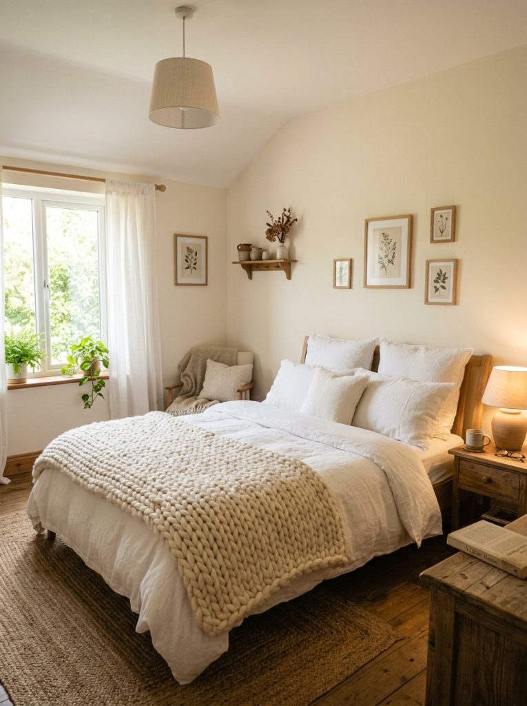Cozy white bedroom with soft warm cream white walls barely off pure white hint of yellow gentle warm glow most inviting room white linen bedding chunky throw