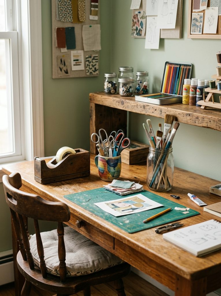 Craft desk with frequently used supplies within arm's reach including scissors tape paint brushes and markers in organized holders