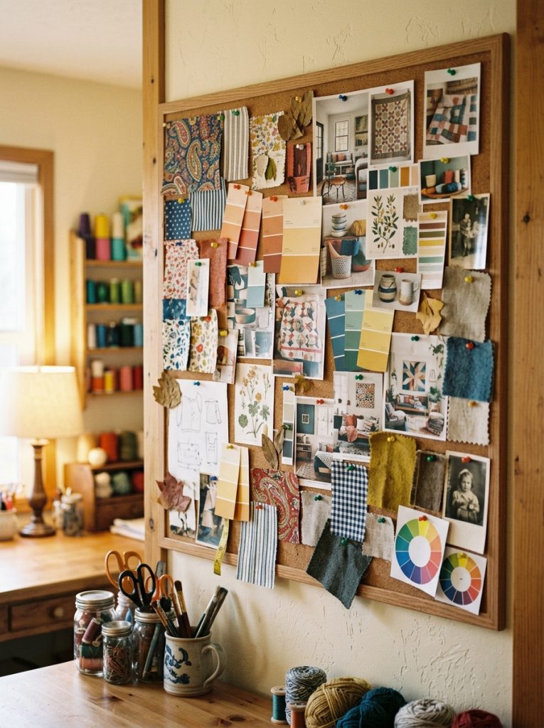 Craft room mood board wall with fabric swatches paint chips magazine clippings and project inspiration images pinned to corkboard