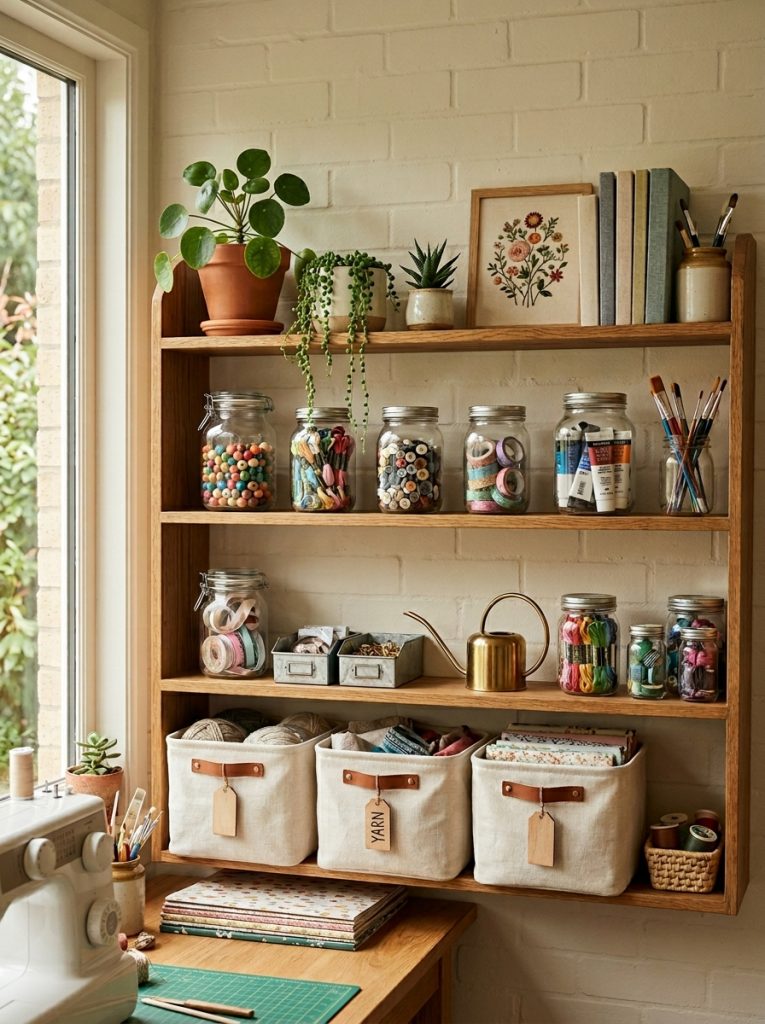 Beautifully styled craft room shelf with clear jars colorful supplies small plants decorative items and labeled fabric bins