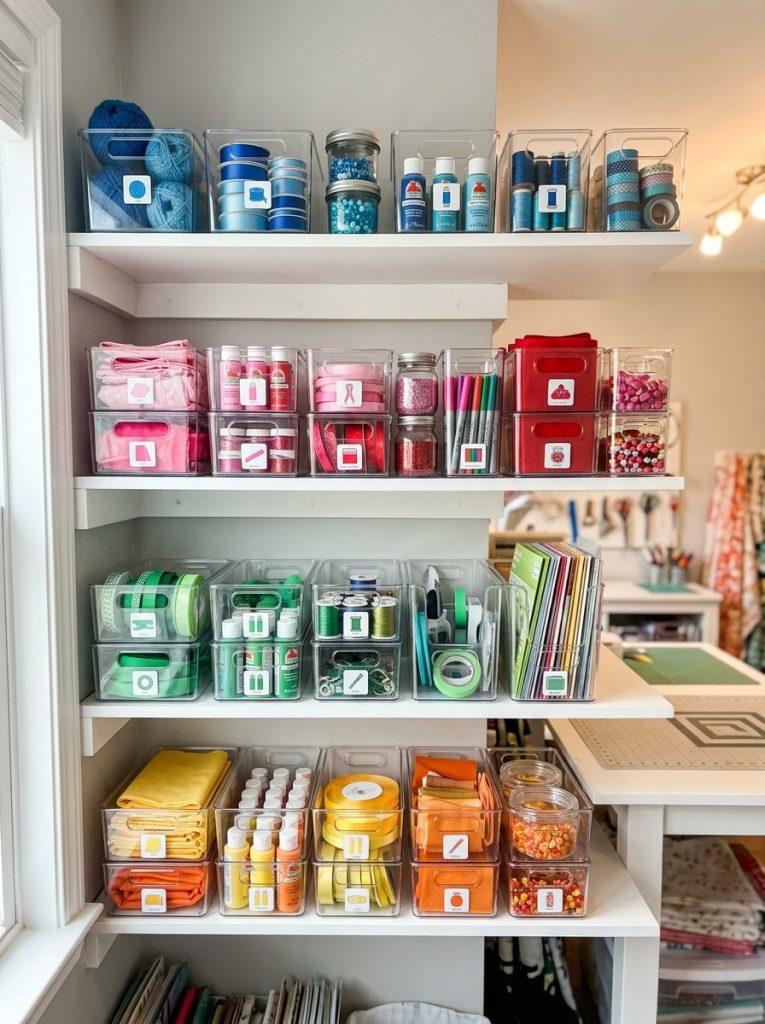  Craft room shelves with supplies color-coded by category in matching clear bins and jars creating a visually satisfying organized system