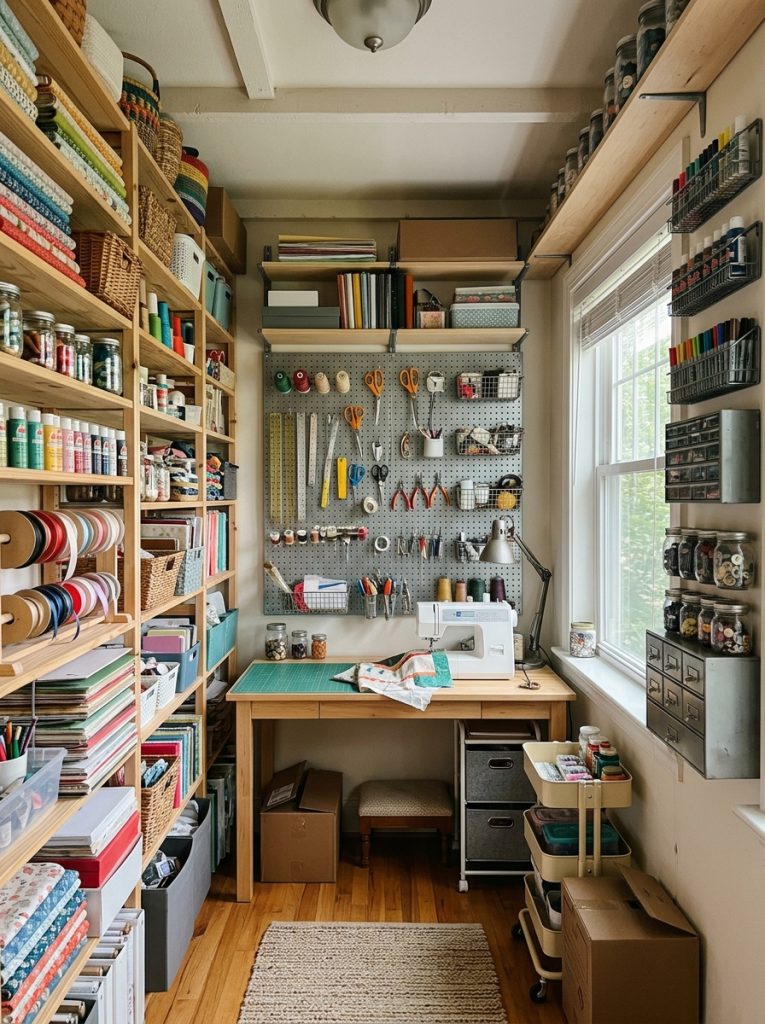 Small craft room using maximum vertical wall space with floor to ceiling shelves pegboard above desk and wall organizers beside window