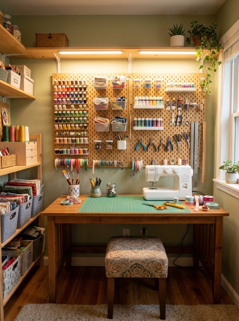 Small craft room with bright warm LED lighting above craft desk illuminating the workspace clearly with pegboard wall and organized supplies behind