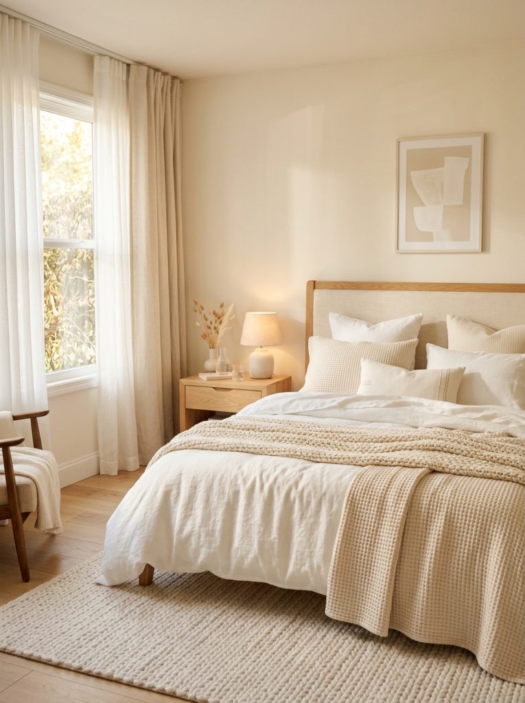 Soft cream and white bedroom with warm cream walls ivory white linen bedding cream and white layered textures waffle weave linen smooth cotton white curtains light wood nightstand impossibly soft and warm