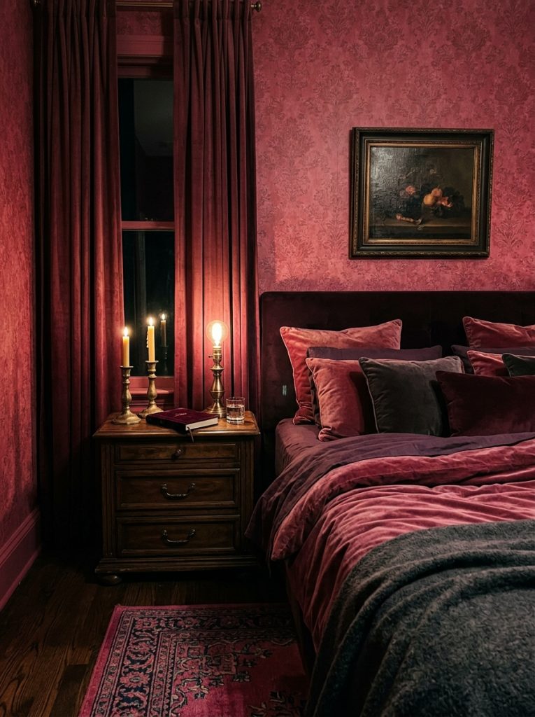 Moody dark pink bedroom with deep rose raspberry pink wallpaper velvet bedding brass candle holders warm low lighting intimate dramatic luxurious cocooning effect perfect for rest