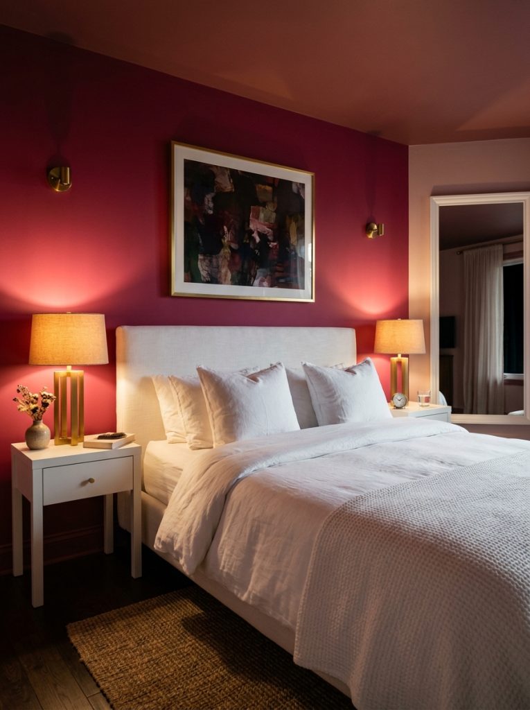 Striking dark pink wallpaper bedroom with deep rose raspberry pink accent wall crisp white linen bedding white nightstands brass lamp maximum drama bold confident beautifully moody