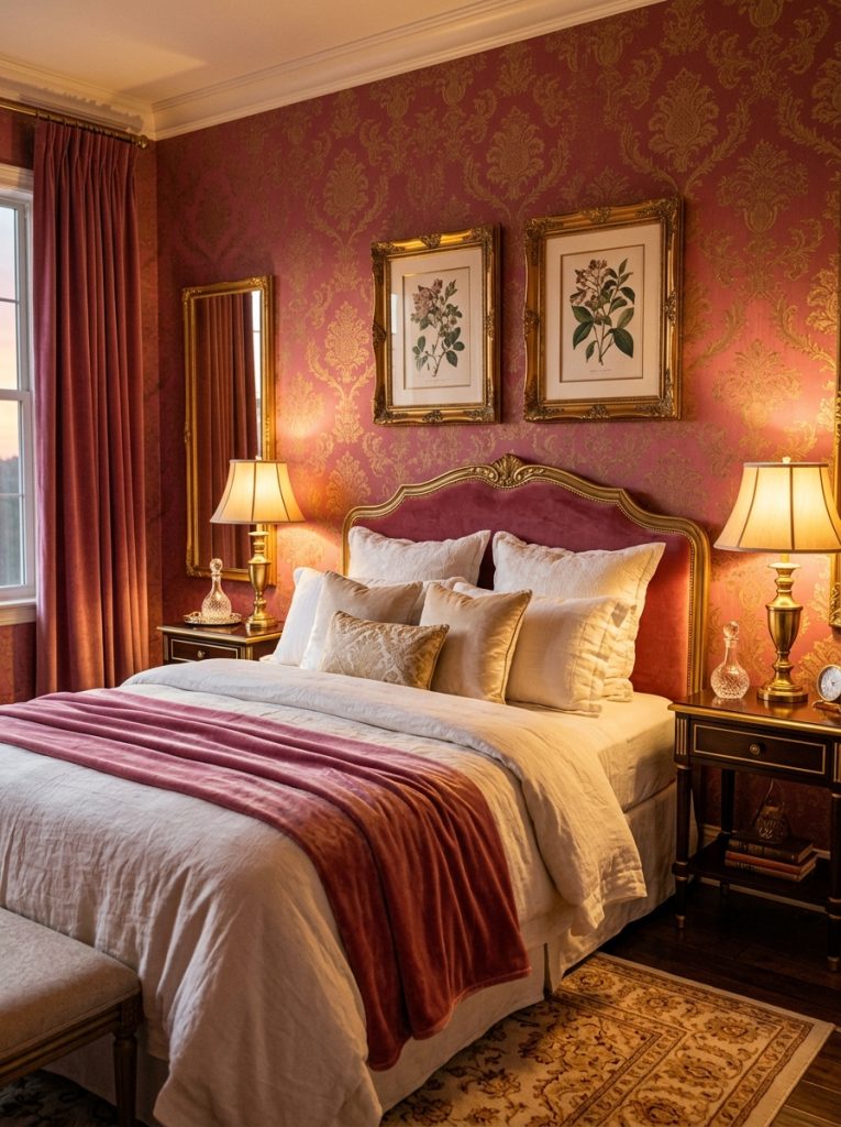 Luxurious dark pink wallpaper bedroom with deep rose pink wallpaper gold brass bedside lamps gold picture frames cream linen bedding pink and gold combination instant glamour and warmth
