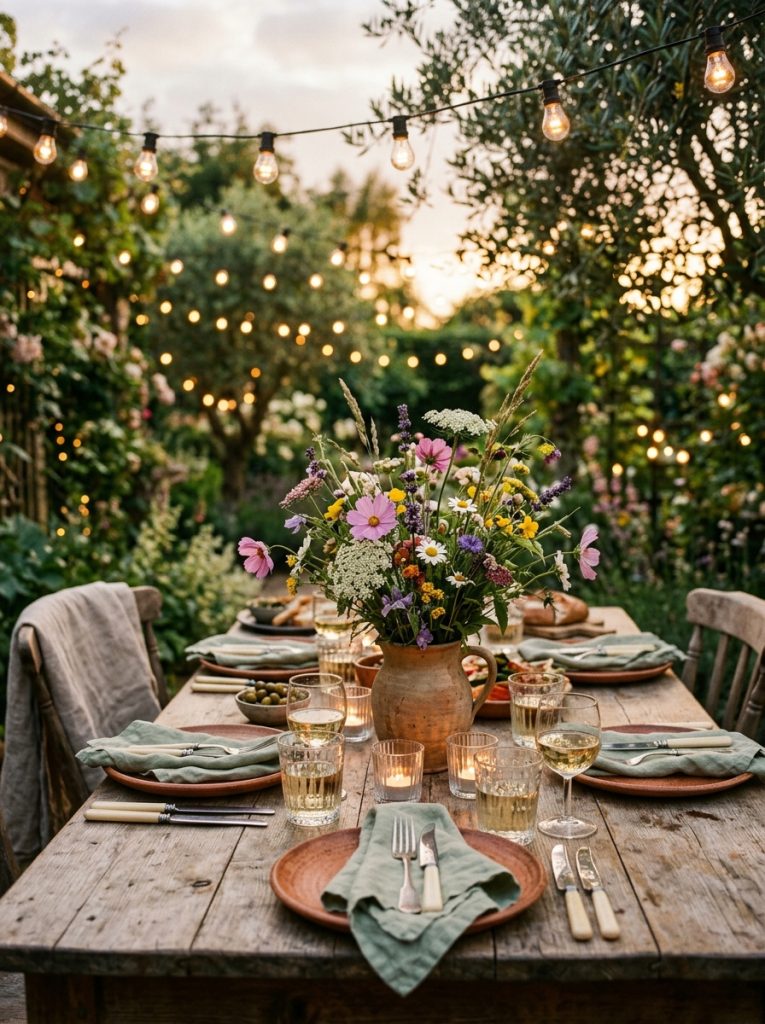 Styled outdoor dining table summer evening terracotta plates sage linen napkins wildflower arrangement rustic clay jug candles clear glass holders string lights glowing overhead imperfect magical warm golden evening light