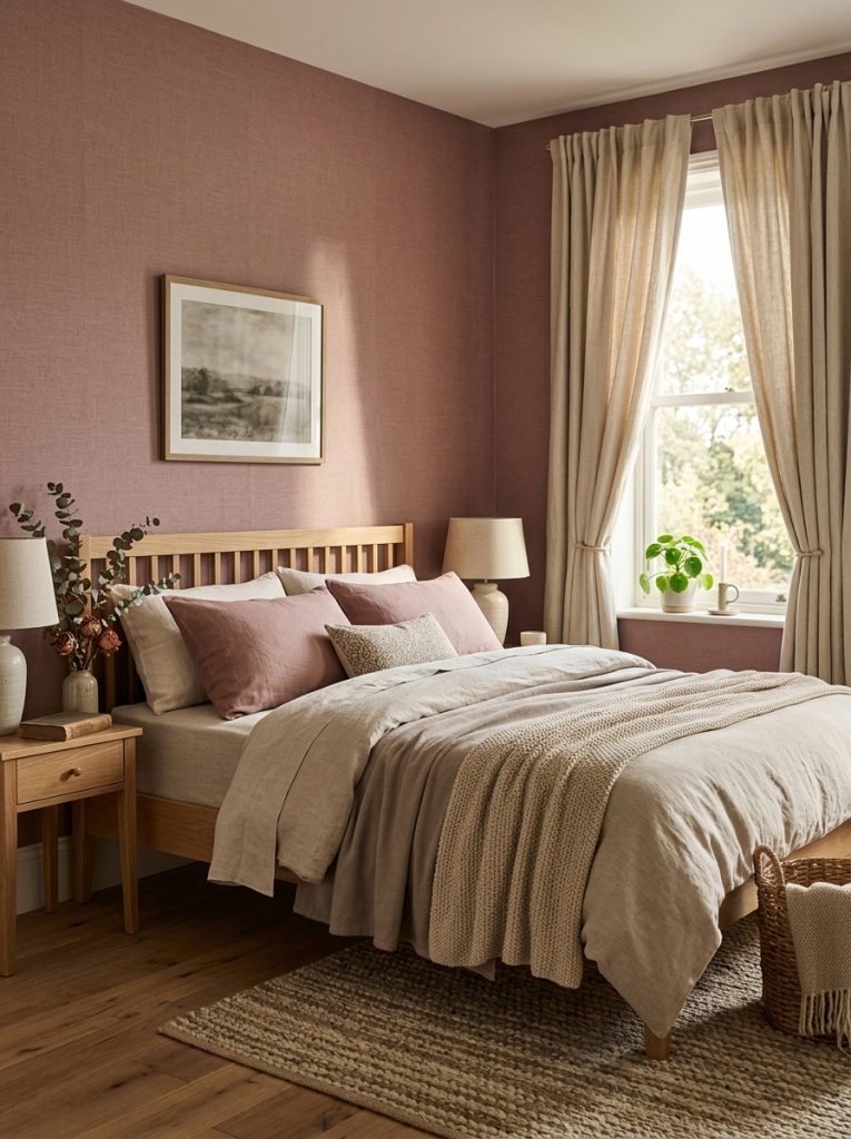 Sophisticated dusty rose wallpaper bedroom muted dusty rose pink not bright not sweet beautifully muted and grown-up neutral beige bedding natural wood furniture linen curtains elegant and restful
