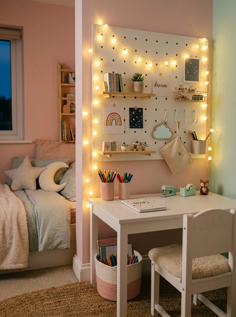Kids desk nook with warm golden fairy lights draped along a white pegboard wall creating a soft cozy magical study atmosphere