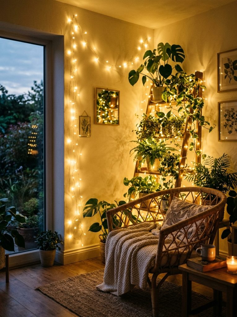 Magical summer bedroom living room warm white fairy lights draped along wall woven through plant shelf soft golden atmospheric glow evening rattan chair plant gentle shadows dreamy summer evening atmosphere