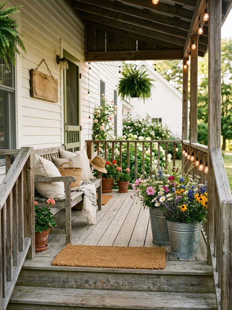 Warm farmhouse front porch summer large galvanized buckets wildflowers wooden bench linen cushions woven doormat wooden garden sign string lights porch railing genuinely welcoming warm perfectly seasonal