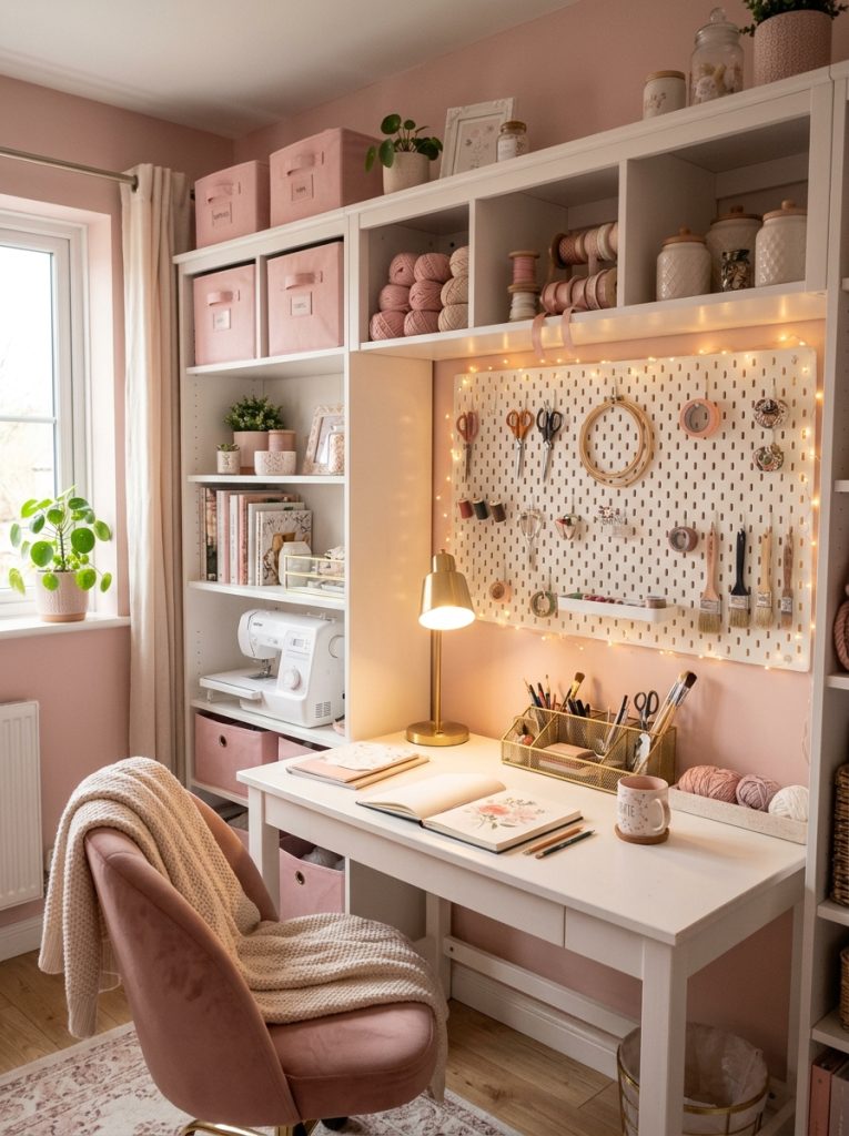 Dreamy feminine craft room with blush pink walls white shelving pink fabric bins gold accents and fairy lights on pegboard wall