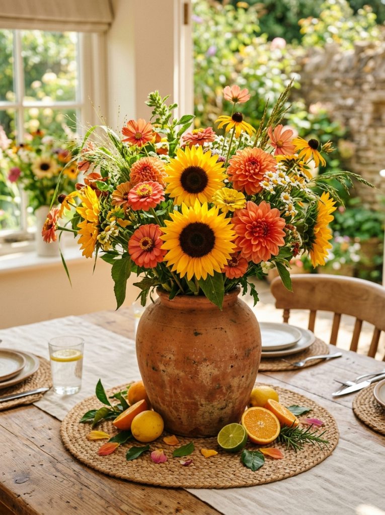 Lush summer floral centerpiece dining table large terracotta vase sunflowers dahlias zinnias warm yellow orange coral tones woven placemats citrus fruits scattered base abundantly summery genuinely joyful