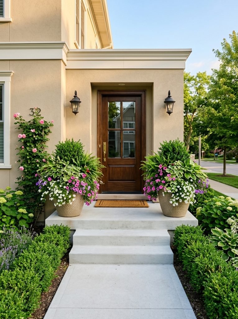 Front door entrance with two large matching outdoor planters filled with lush green plants and flowers for welcoming curb appeal