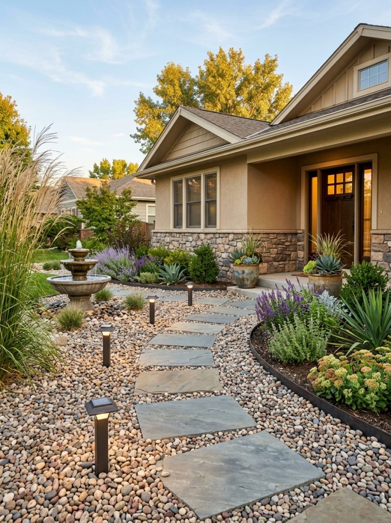 Complete low maintenance front yard design with decorative rocks drought tolerant plants solar lights stepping stones planters and small fountain