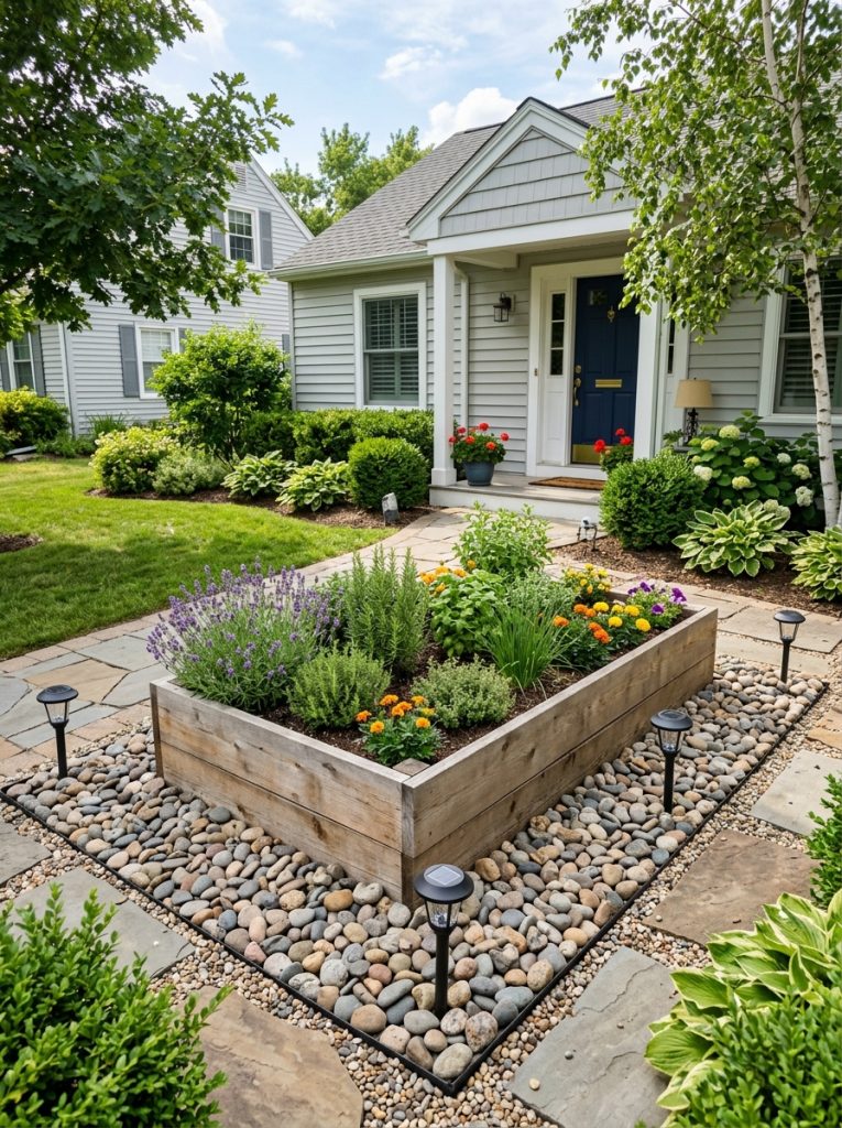 Small front yard with wooden raised garden bed herbs and decorative rocks for a neat organized low maintenance landscaping look