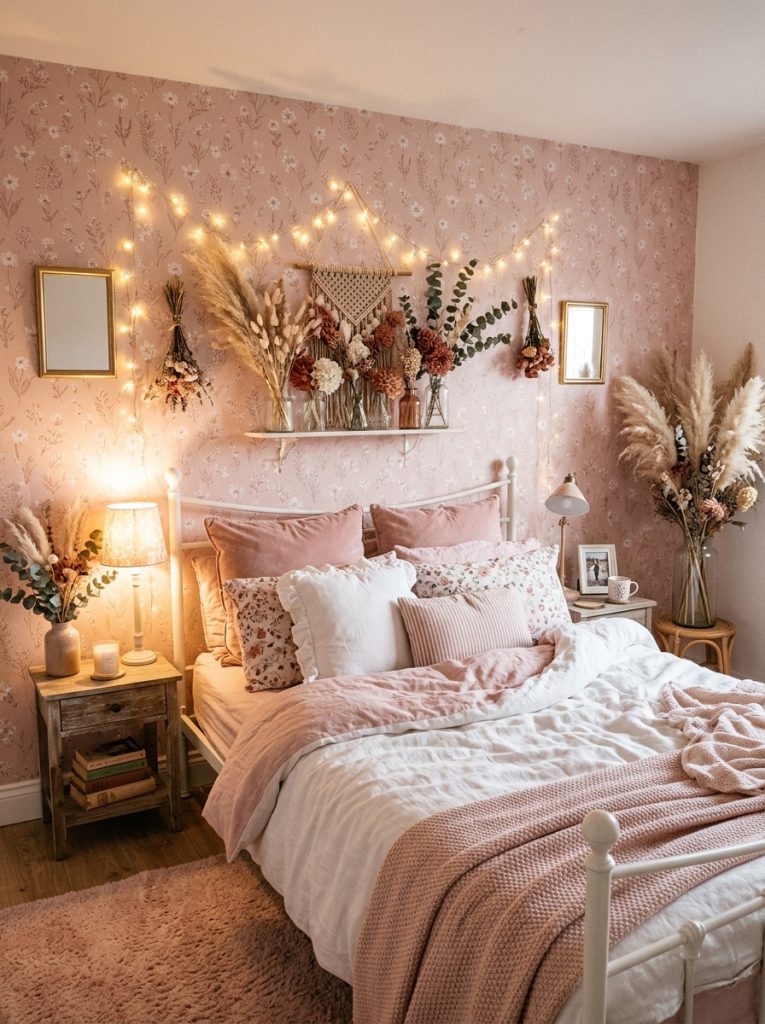 Girly pink feature wall bedroom pretty pink wallpaper pattern wall behind bed pink and white bedding pampas grass dried flowers fairy lights feminine personal and charming