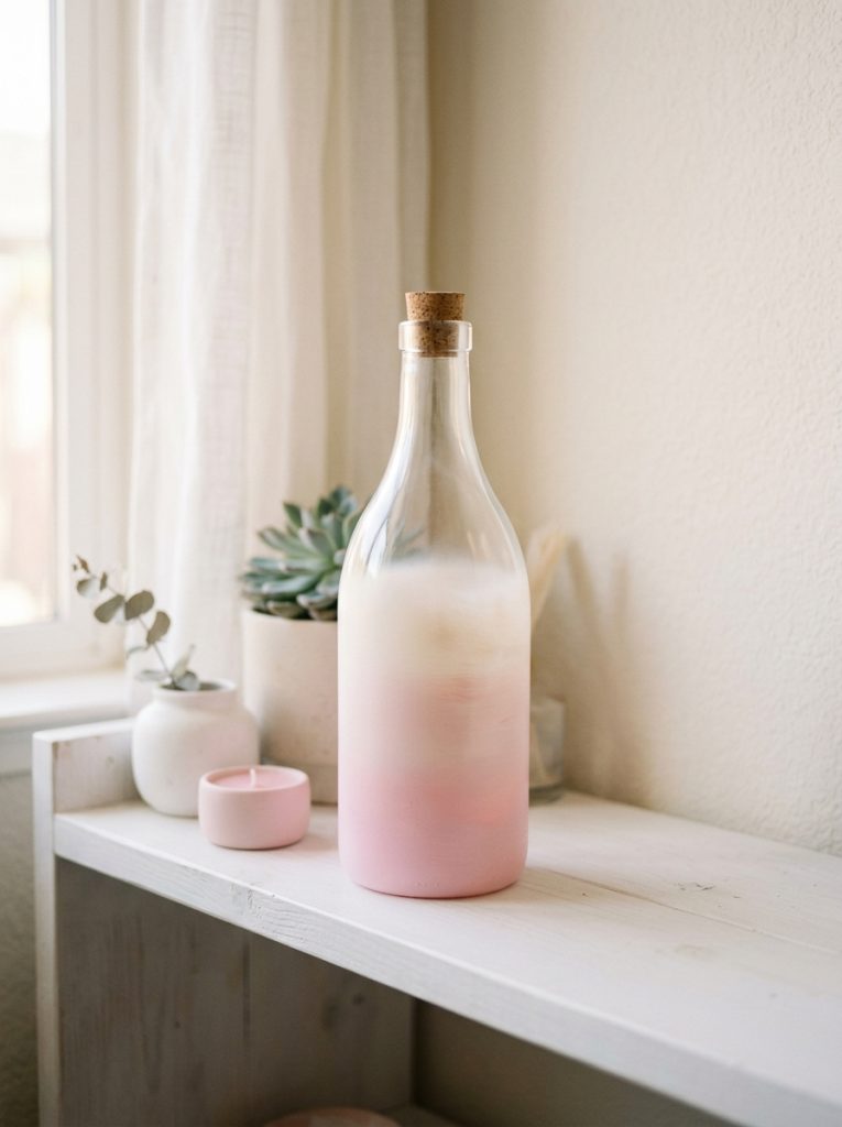 Clear glass bottle with clean horizontal pastel pink and white stripes painted using painters tape for easy DIY decor