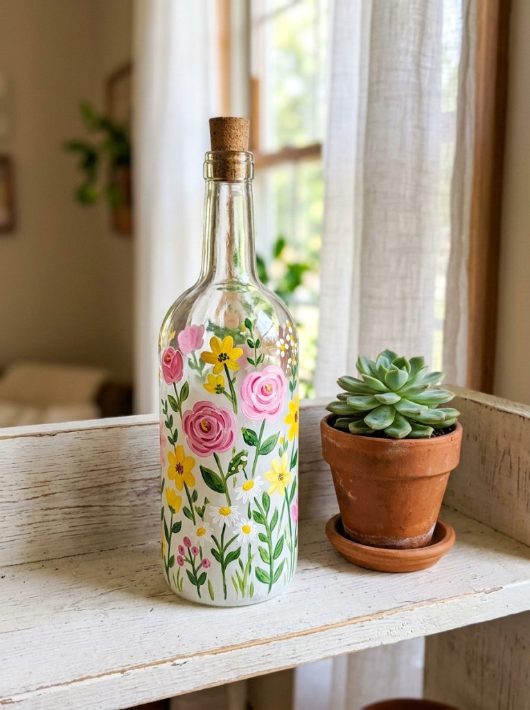 Clear glass bottle painted white with colorful hand painted acrylic flowers in pink yellow and green for DIY home decor