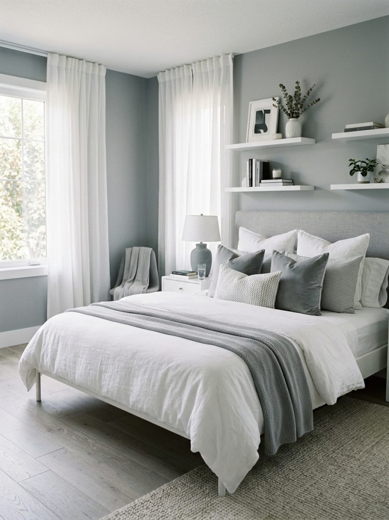 Grey and white bedroom with soft dove grey walls crisp white linen bedding grey and white layered pillows white floating shelves sheer curtains depth and sophistication