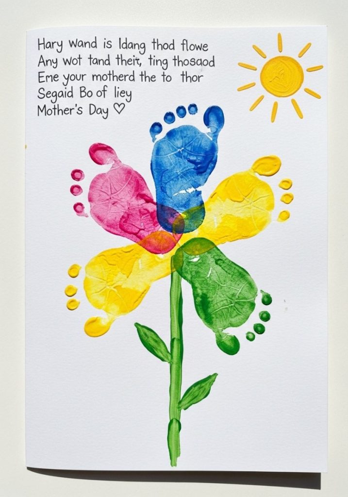 Mothers day footprint flower card kids colourful painted footprints flower petals white card green stem handwritten message charming handmade precious
