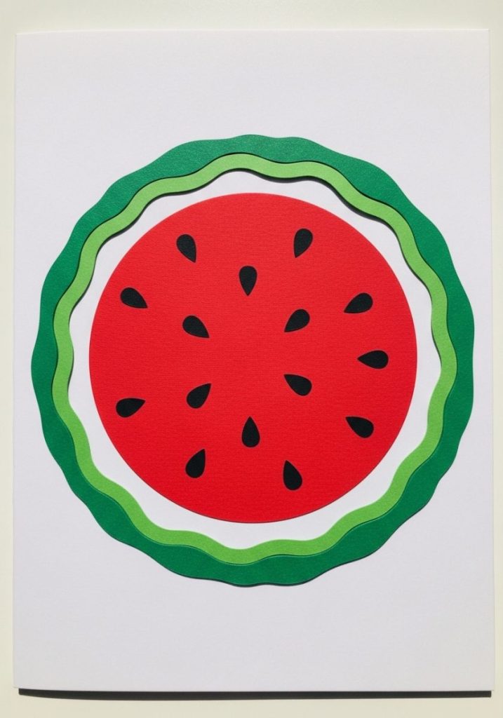 Elementary watermelon craft kids large circle red paper black seed spots green paper border watermelon rind mounted white card bright cheerful fresh completely summery