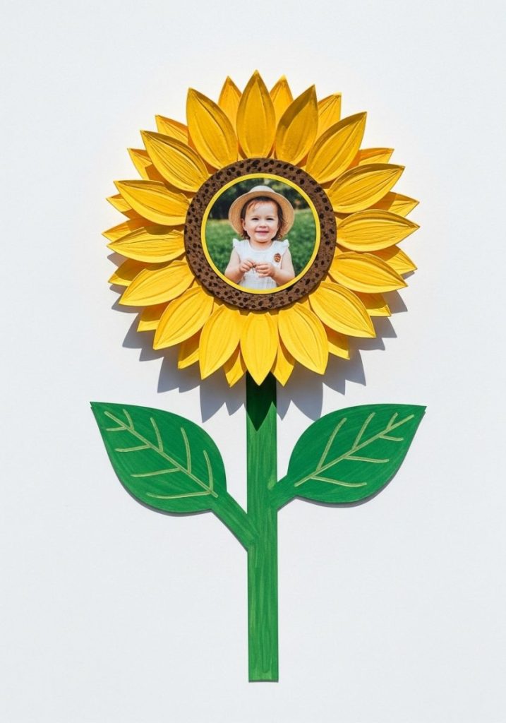 Sunflower mothers day craft kids bright yellow painted paper petals circle photo child printed centre green card painted stem leaves cheerful sweet beautiful framed mothers day gift