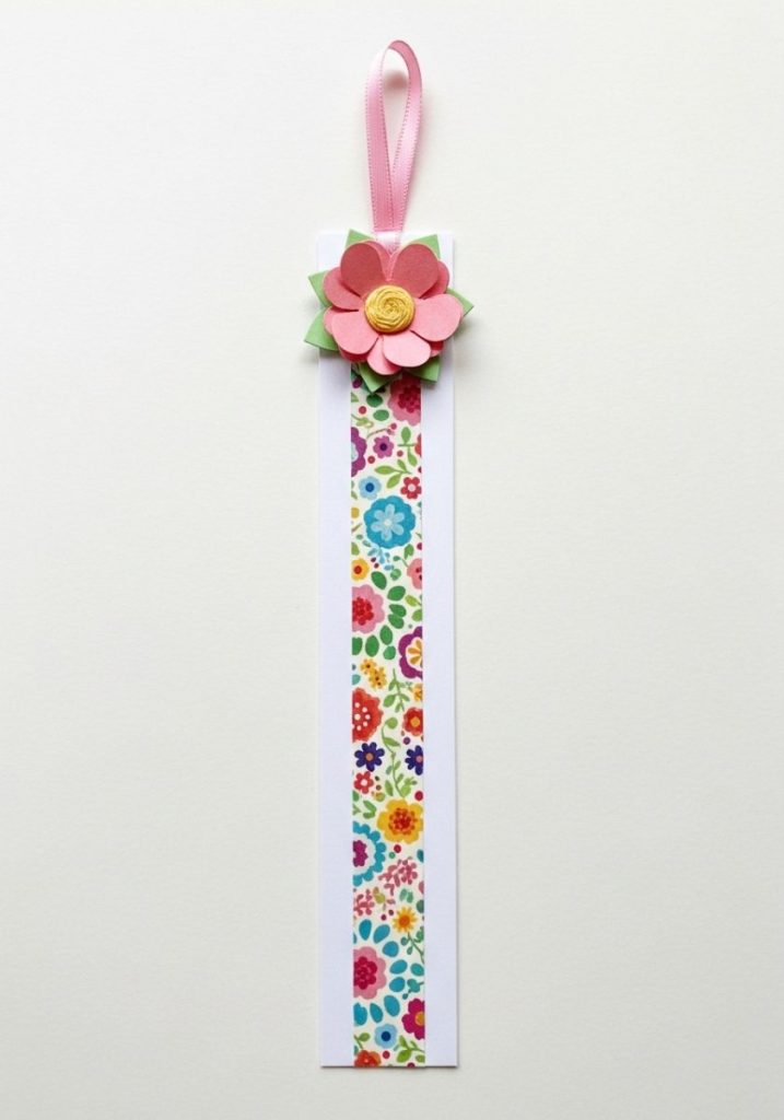Washi tape flower bookmark mothers day craft kids white card colourful washi tape floral patterns small paper flower ribbon loop cheerful colourful sweet small thoughtful gift