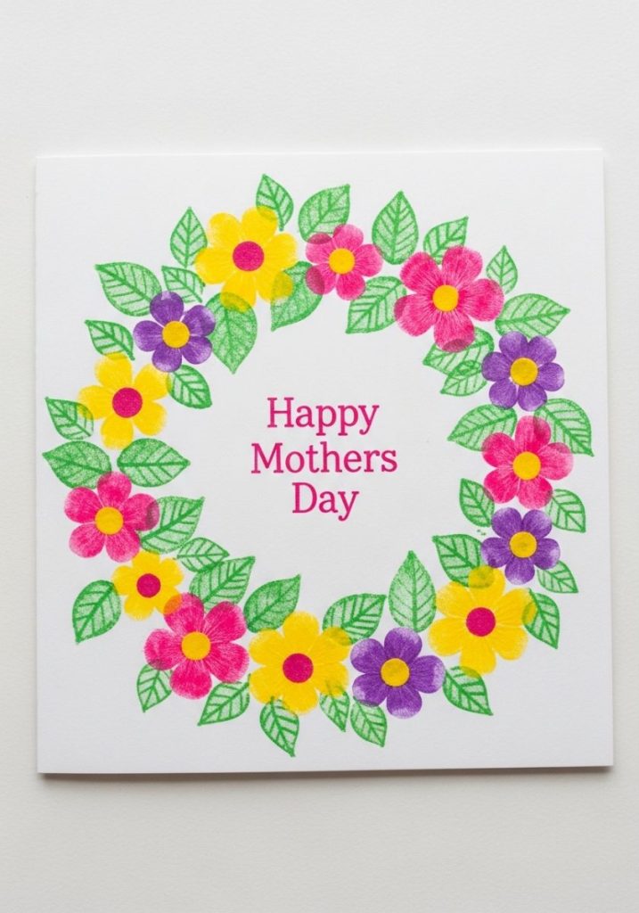  Flower wreath mothers day card craft kids circular wreath fingerprint flowers bright pink yellow purple white card green fingerprint leaves sweet mothers day message centre vibrant charming precious handmade gift