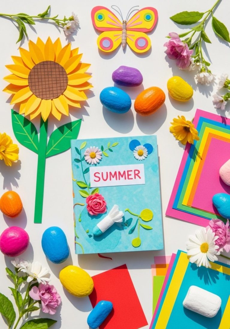 Easy summer crafts for kids flat lay paper sunflower painted rocks tissue paper butterfly summer journal construction paper crafts bright cheerful