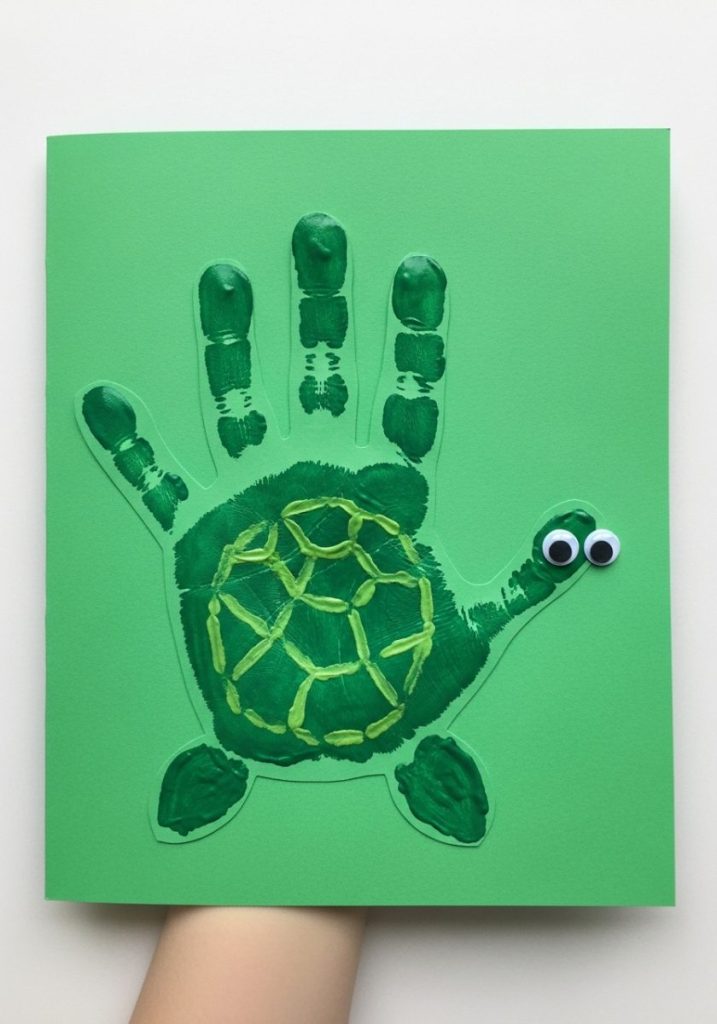 Handprint sea turtle craft kids painted handprint green card palm turtle body fingers flippers shell pattern painted googly eyes thumb charming creative endearing