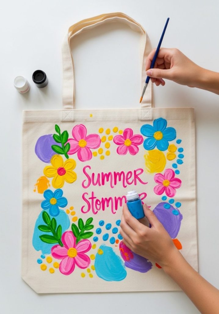 Teen summer craft plain white canvas tote bag fabric paint bright summer colors bold floral designs abstract patterns personalised text finished painted tote bag vibrant artistic genuinely wearable