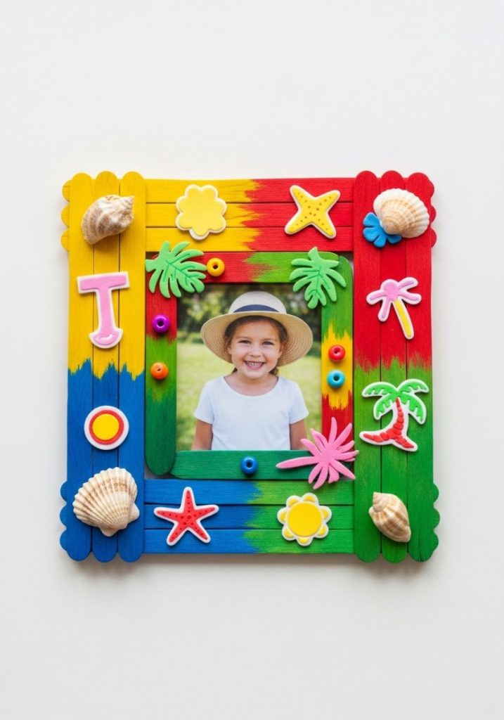 Popsicle stick picture frame craft kids colourfully painted popsicle sticks square frame seashells beads foam stickers summer themes photo center cheerful handmade sweet summer keepsake