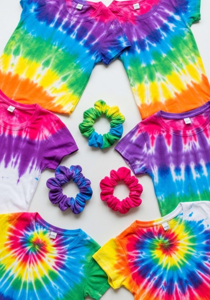 Teen summer tie dye craft white cotton t-shirts scrunchies tied patterns bright rainbow dye baths finished tie dye pieces vivid pink purple blue yellow bold vibrant creative wearable