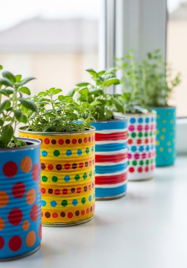 Budget tin can planter craft kids clean empty tin cans painted bright summer colors dots stripes patterns small herb plants summer flowers inside cheerful upcycled creative charming sunny windowsill