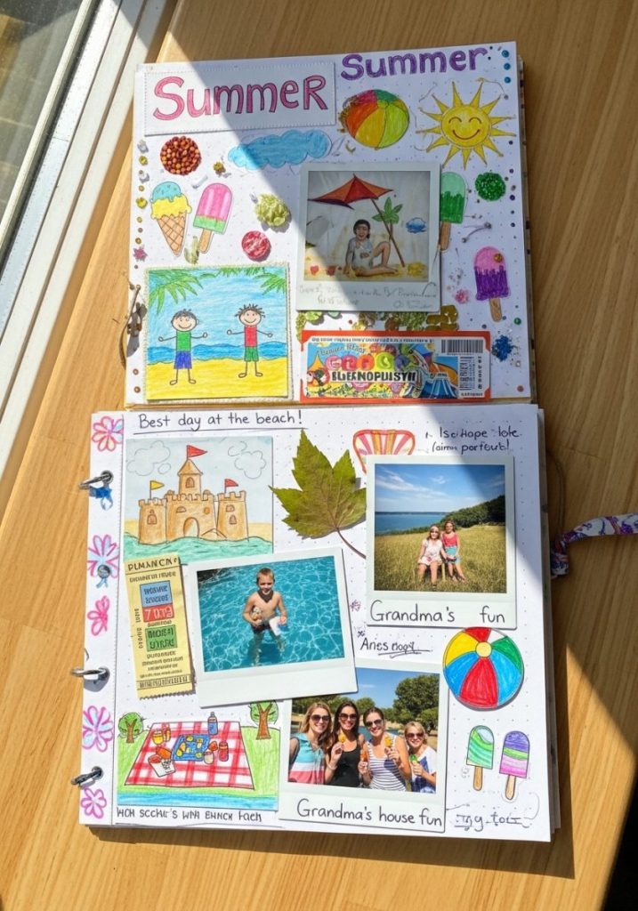 Elementary summer memory book craft kids handmade book decorated summer cover drawings photos ticket stubs handwritten memories summer activities personal creative genuinely treasured end-of-summer keepsake