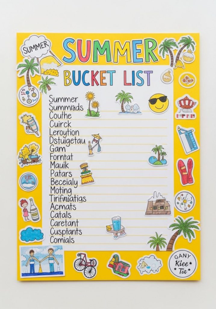 Kids summer bucket list poster craft large bright yellow card summer drawings stickers border handwritten list summer activities small illustrations personal cheerful genuinely exciting start summer holidays