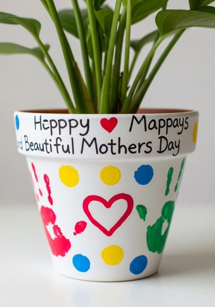 DIY flower pot mothers day craft kids plain terracotta pot painted bright colours handprints dots heart plant inside handwritten message rim cheerful handmade genuinely useful beautiful gift