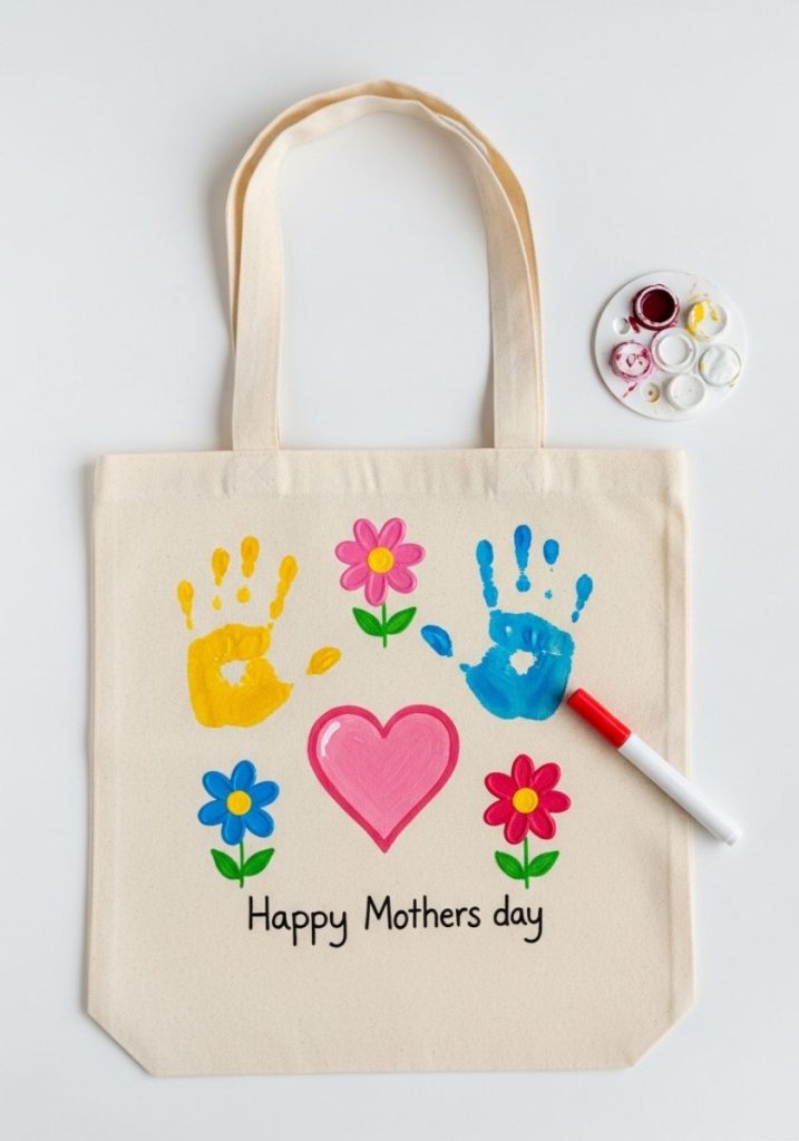 Personalised tote bag mothers day craft kids plain canvas tote bag fabric paint handprints flowers painted heart fabric marker message cheerful handmade personal genuinely useful beautiful gift