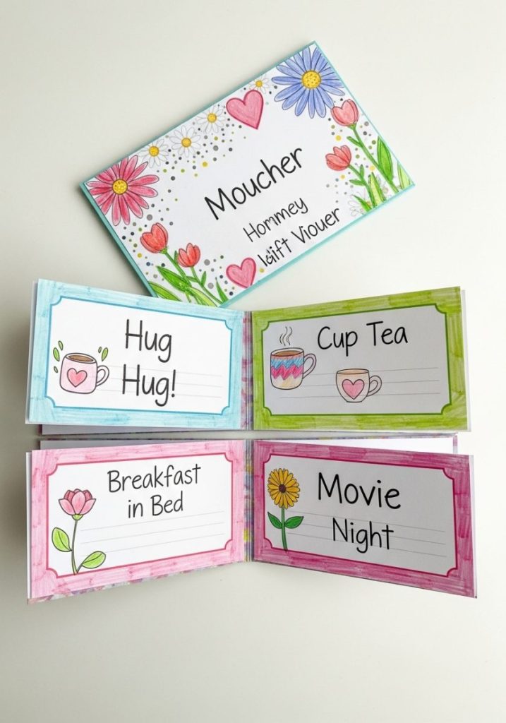 Homemade gift voucher book mothers day craft kids small folded paper pages stapled decorated voucher hug cup tea breakfast bed movie night cover flowers hearts child's name charming personal genuinely thoughtful gift