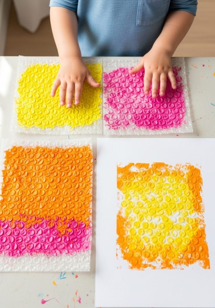 Toddler bubble wrap printing craft sheets bubble wrap painted bright summer colors pink yellow orange pressed white paper fun textured print pattern colorful