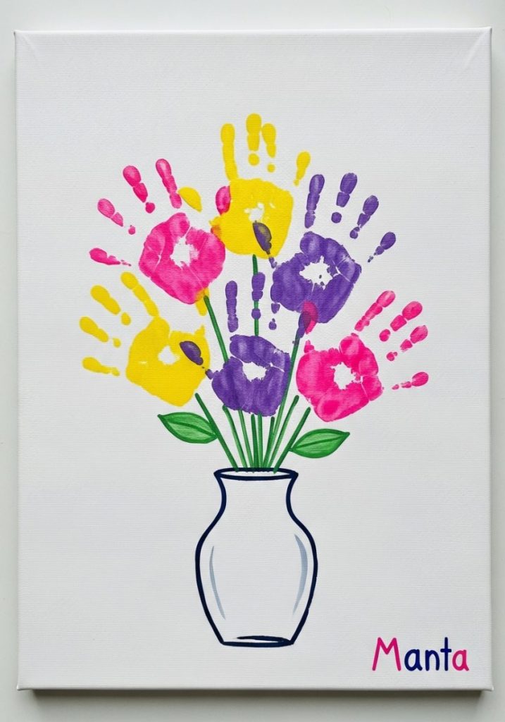 Mothers day canvas handprint painting kids bright handprints pink yellow purple flower bouquet shape white canvas painted vase child's name vibrant sweet beautiful wall art