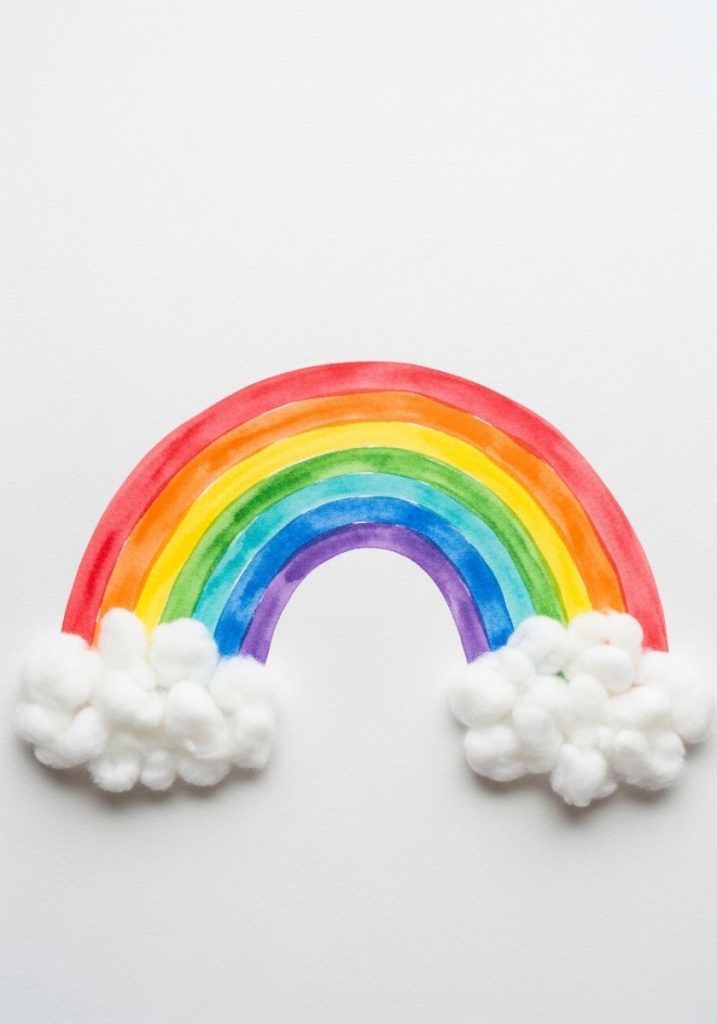 Kindergarten watercolour rainbow craft large rainbow painted soft watercolours white watercolour paper red orange yellow green blue purple white cotton wool clouds glued soft beautiful achievable