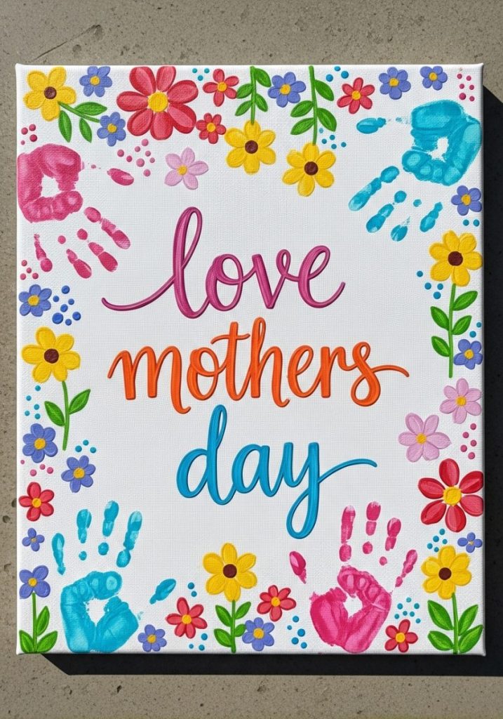 Canvas quote painting mothers day craft kids simple hand-lettered love quote painted white canvas bright colours child's painted flowers dots handprints vibrant personal heartfelt beautiful wall art mothers day gift